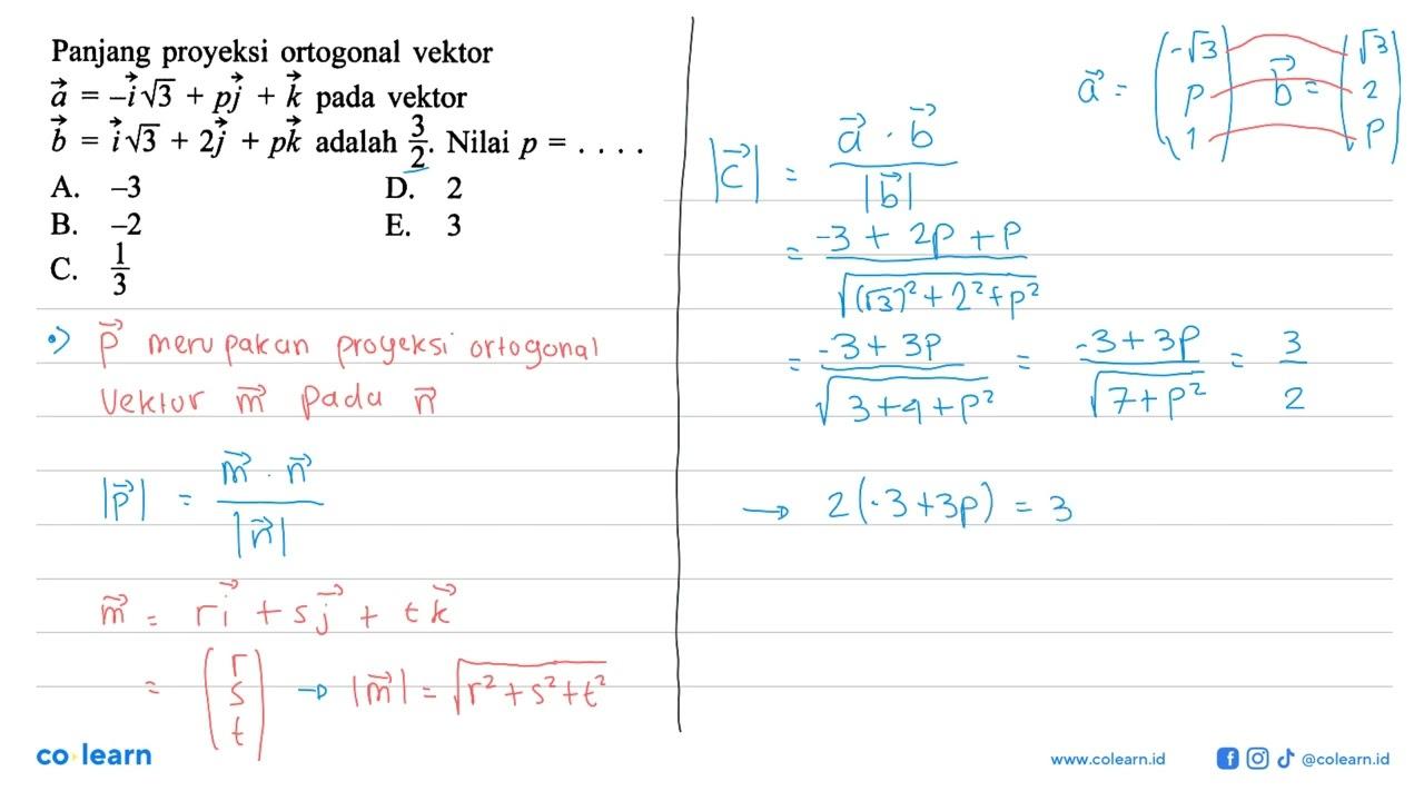 Panjang proyeksi ortogonal vektor a=-i akar(3)+p j+k pada