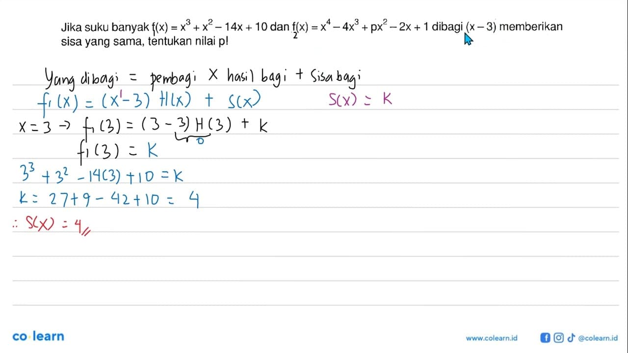 Jika suku banyak f(x)=x^3+x^2-14x+10 dan