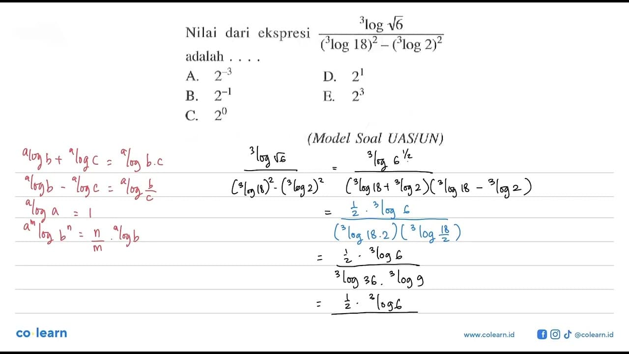 Nilai dari ekspresi (3log akar(6))/((3log18)^2-(3log2)^2)