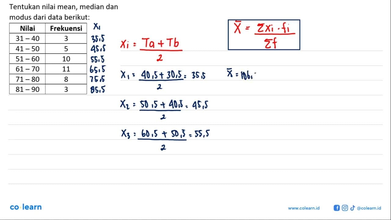 Tentukan nilai mean, median dan modus dari data berikut.