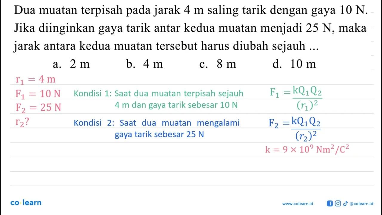 Dua muatan terpisah pada jarak 4 m saling tarik dengan gaya