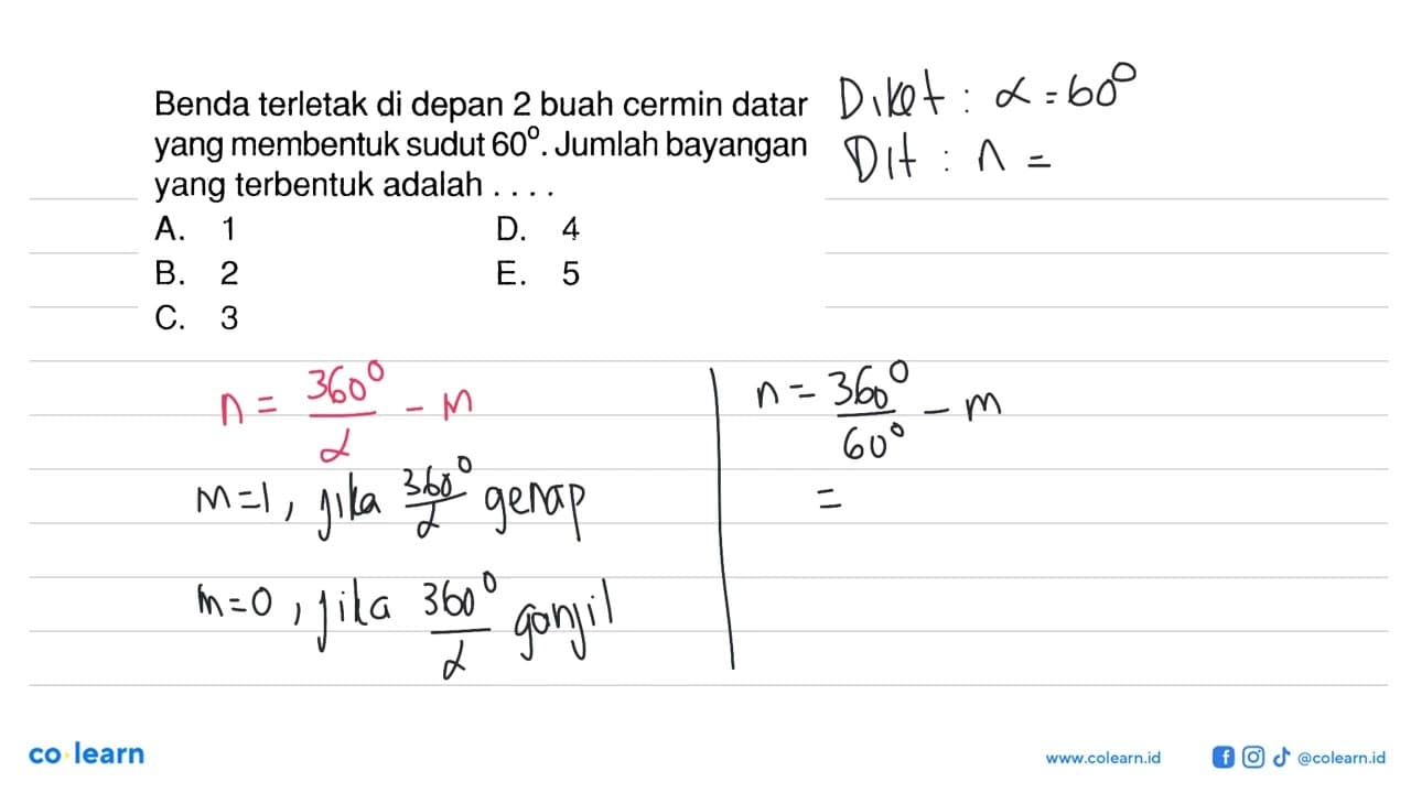 Benda terletak di depan 2 buah cermin datar yang membentuk