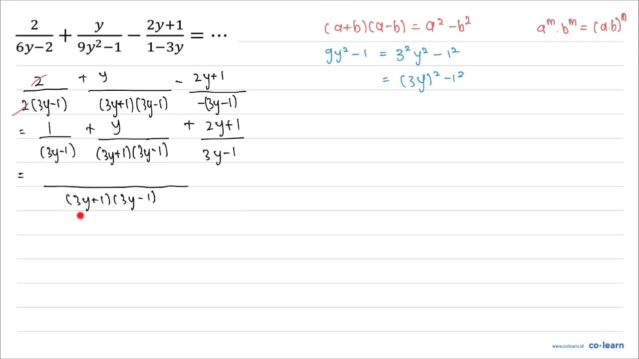 (2)/(6 y-2)+(y)/(9 x^(2)-1)-(2 y+1)/(1-3 y)=..