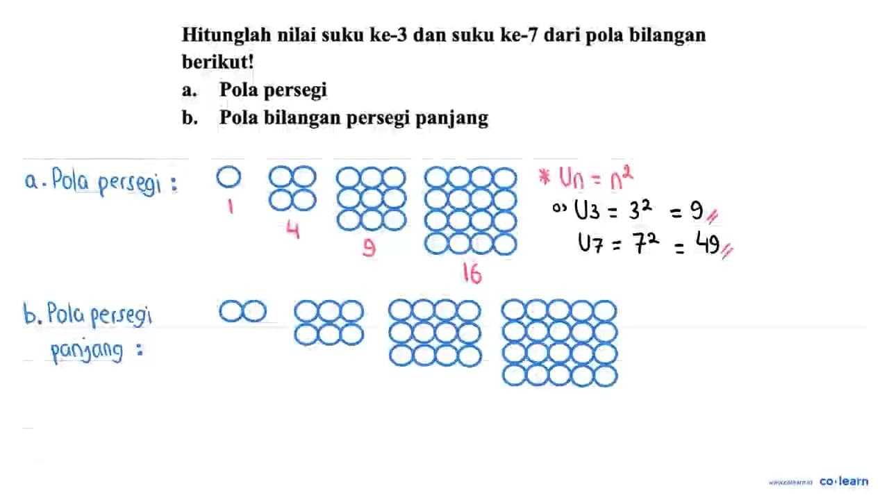 Hitunglah nilai suku ke-3 dan suku ke-7 dari pola bilangan