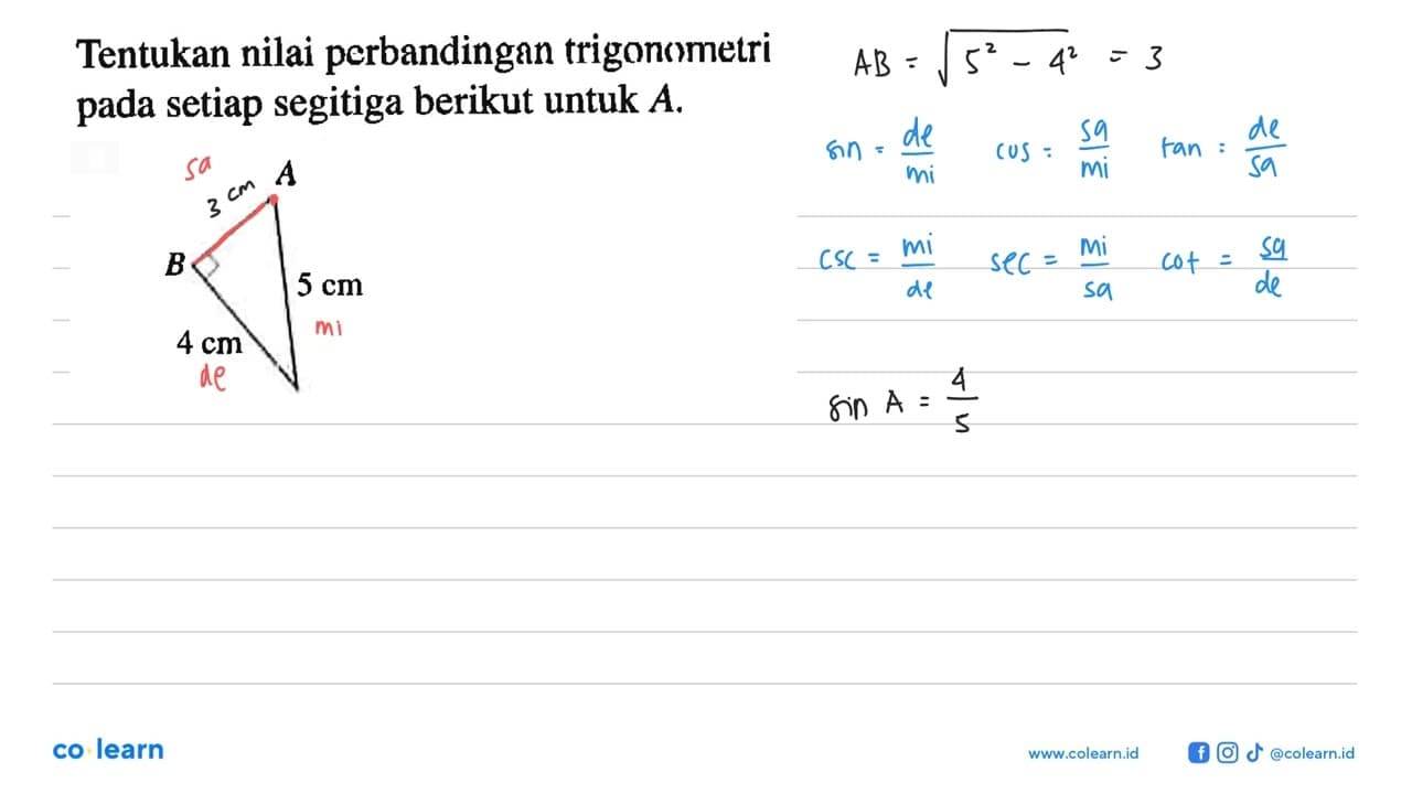 Tentukan nilai perbandingan trigonometri pada setiap