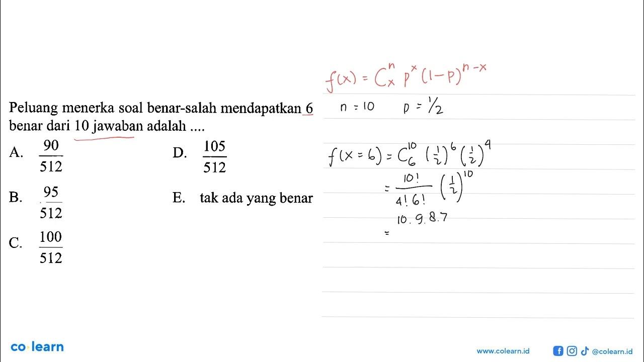 Peluang menerka soal benar-salah mendapatkan 6 benar dari