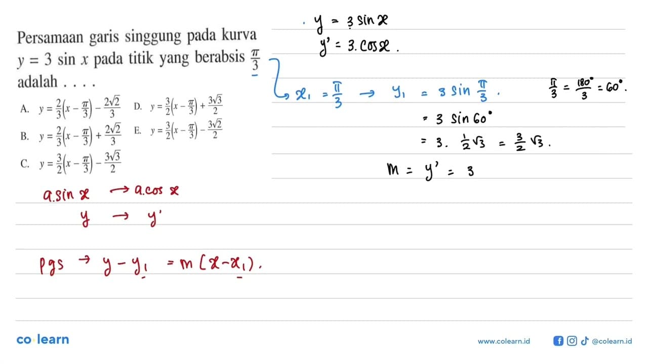 Persamaan garis singgung pada kurva y=3 sin x pada titik