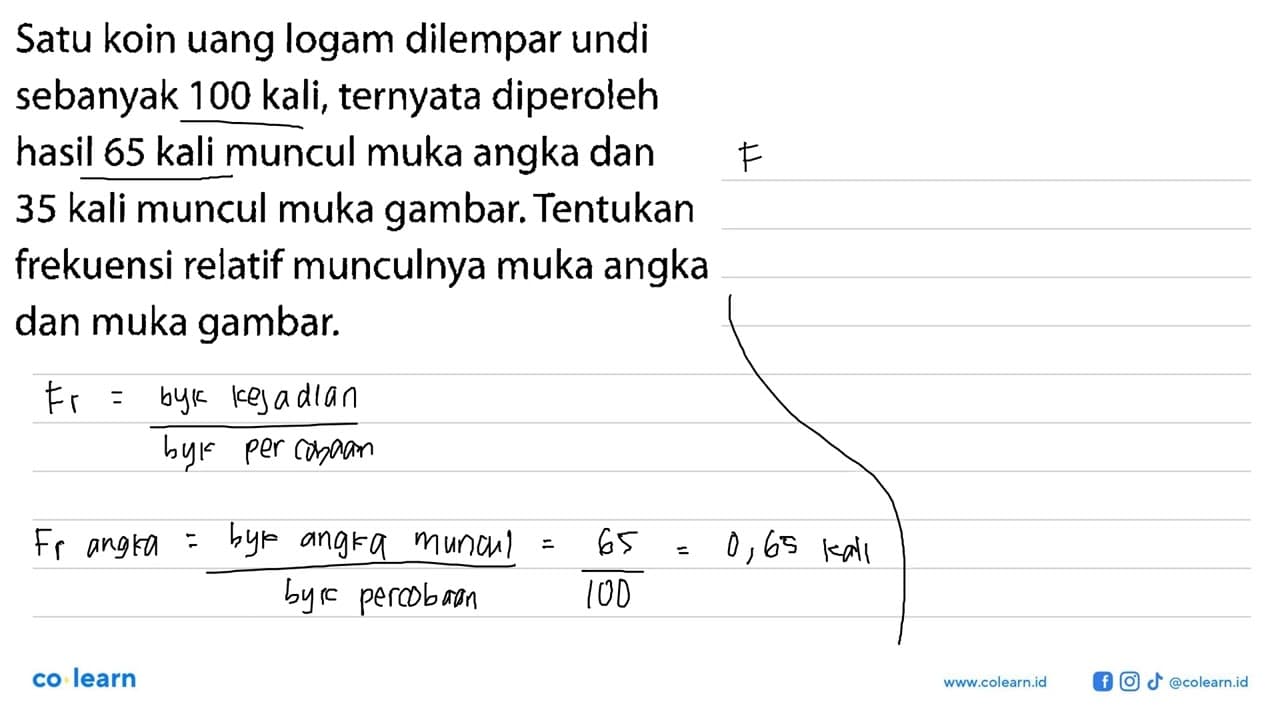 Satu koin uang logam dilempar undi sebanyak 100 kali,