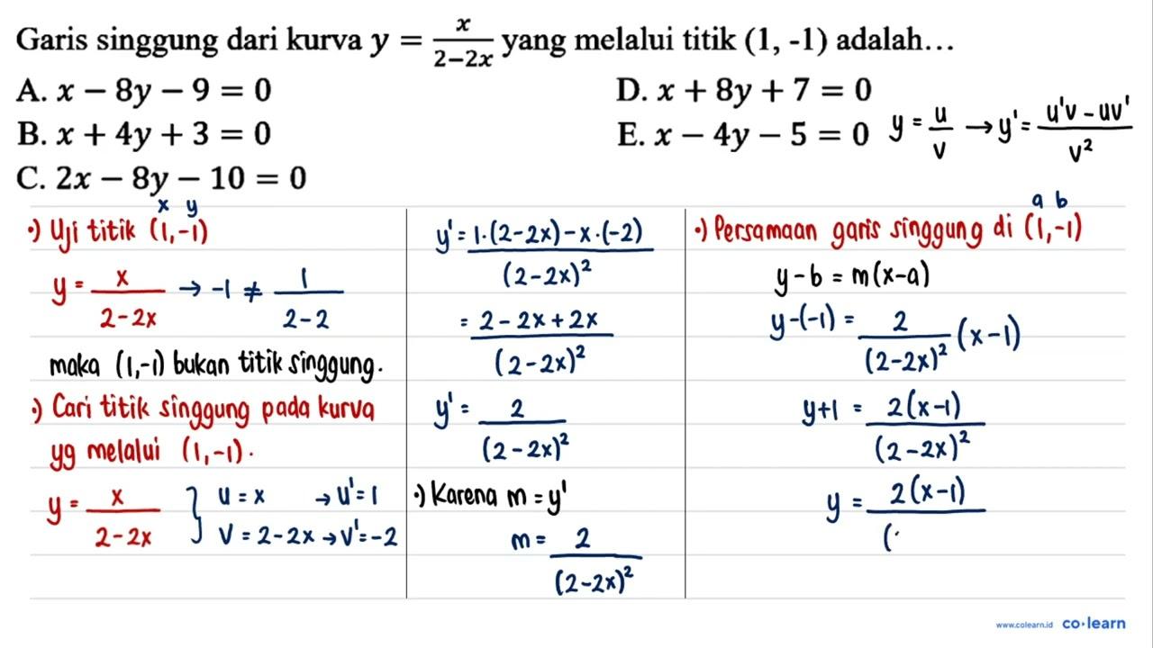 Garis singgung dari kurva y=(x)/(2-2 x) yang melalui titik