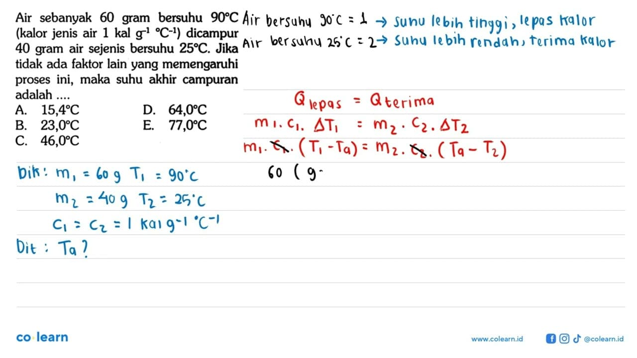 Air sebanyak 60 gram bersuhu 90 C (kalor jenis air 1 kal