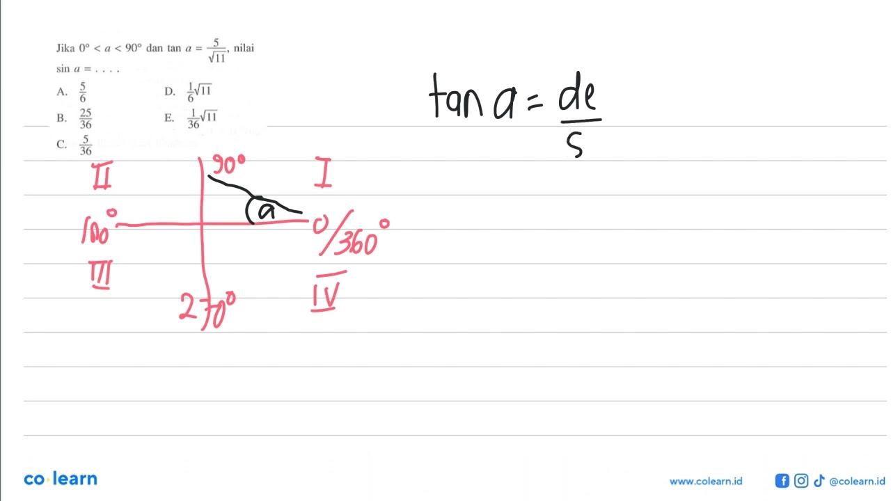 Jika 0<a<90 dan tan a=5/akar(11), nilai sin a=....