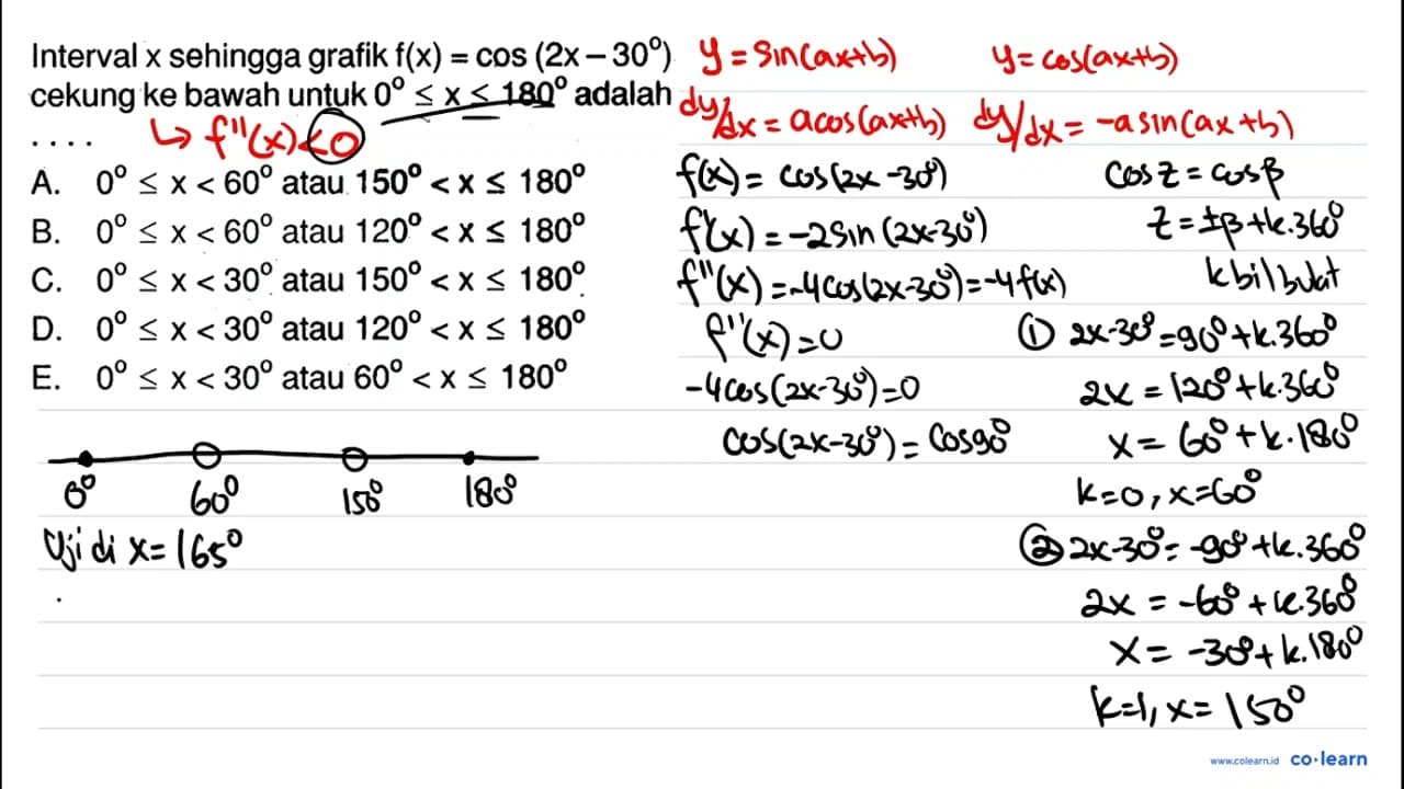 Interval x sehingga grafik f(x)=cos (2x-30) cekung ke bawah