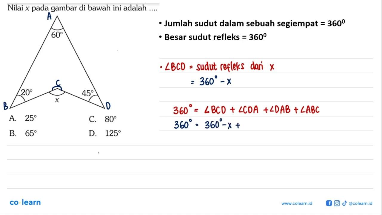 Nilai x pada gambar di bawah ini adalah .... 60 20 45