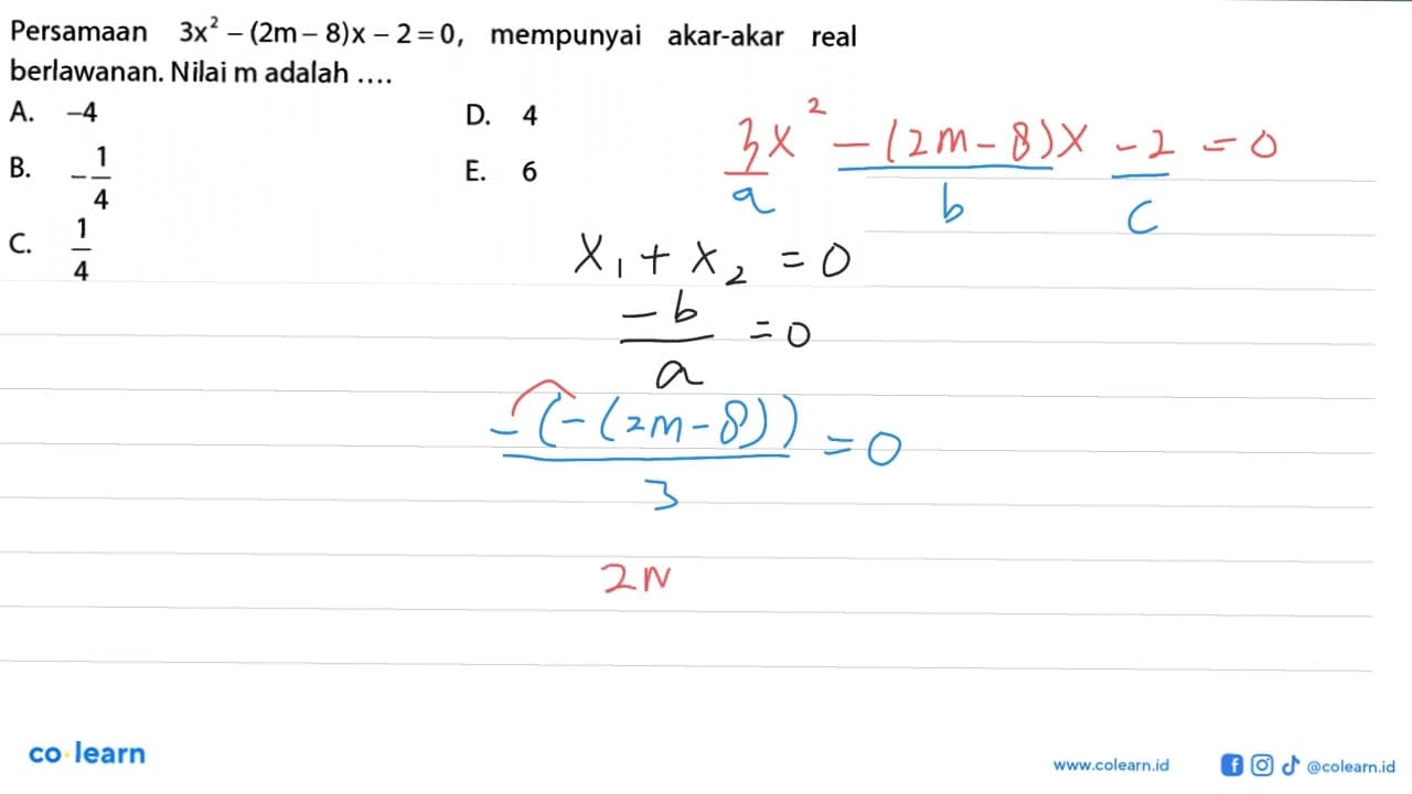 Persamaan 3x^2 - (2m - 8)x - 2 =0, mempunyai akar-akar real