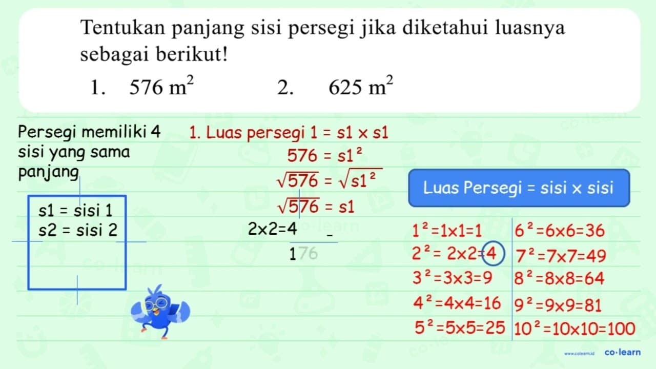 Tentukan panjang sisi persegi jika diketahui luasnya