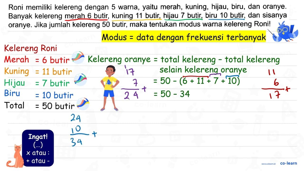 Roni memiliki kelereng dengan 5 warna, yaitu merah, kuning,