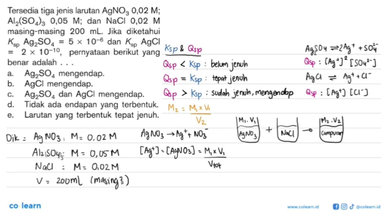 Tersedia tiga jenis larutan AgNO3 0,02 M; Al2(SO4)3 0,05 M;