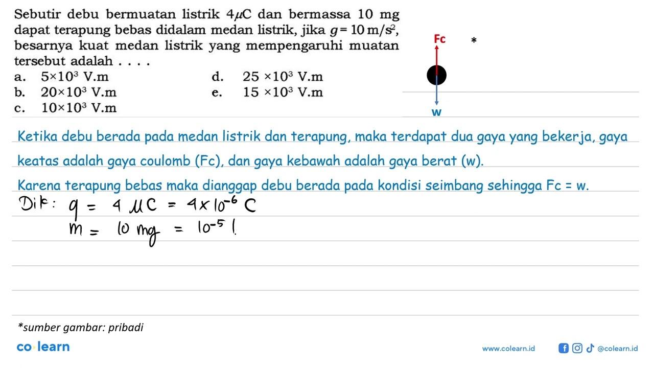 Sebutir debu bermuatan listrik 4 mikro C dan bermassa 10 mg