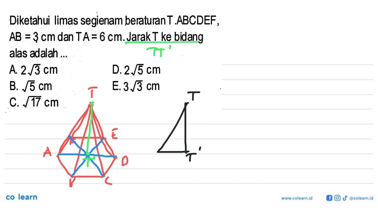 Diketahui Iimas segienam beraturan T.ABCDEF AB=3 cm dan