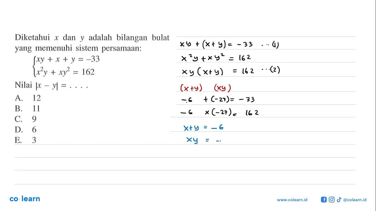 Diketahui x dan y adalah bilangan bulat yang memenuhi