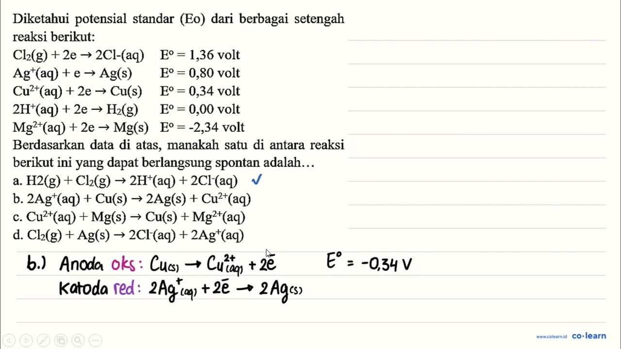 Diketahui potensial standar (Eo) dari berbagai setengah