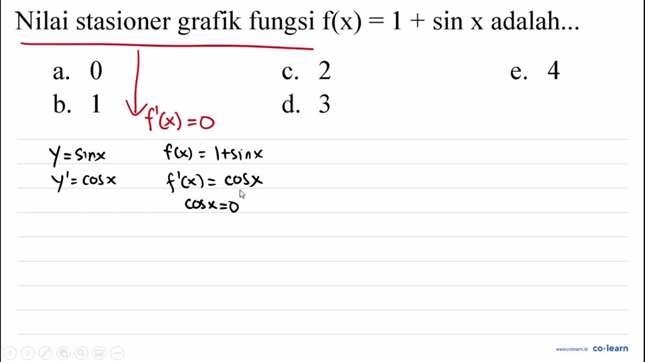 Nilai stasioner grafik fungsi f(x)=1+sin x adalah...