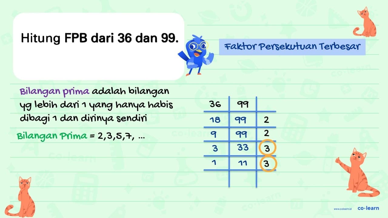 Hitung FPB dari 36 dan 99 .