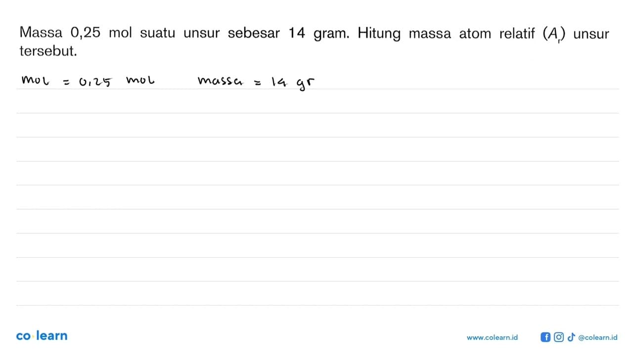 Massa 0,25 mol suatu unsur sebesar 14 gram. Hitung massa