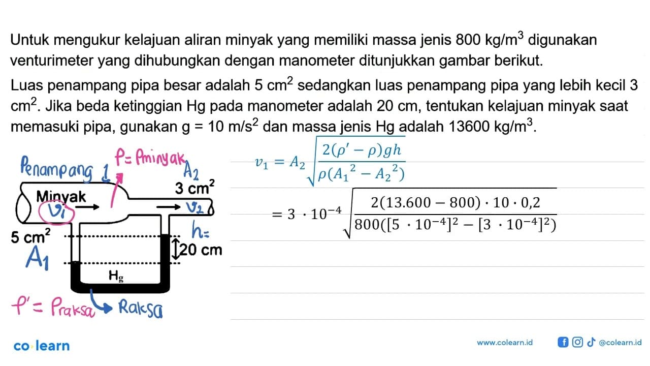 5 cm^2 Minyak 3 cm^2 20 cm HgUntuk mengukur kelajuan aliran