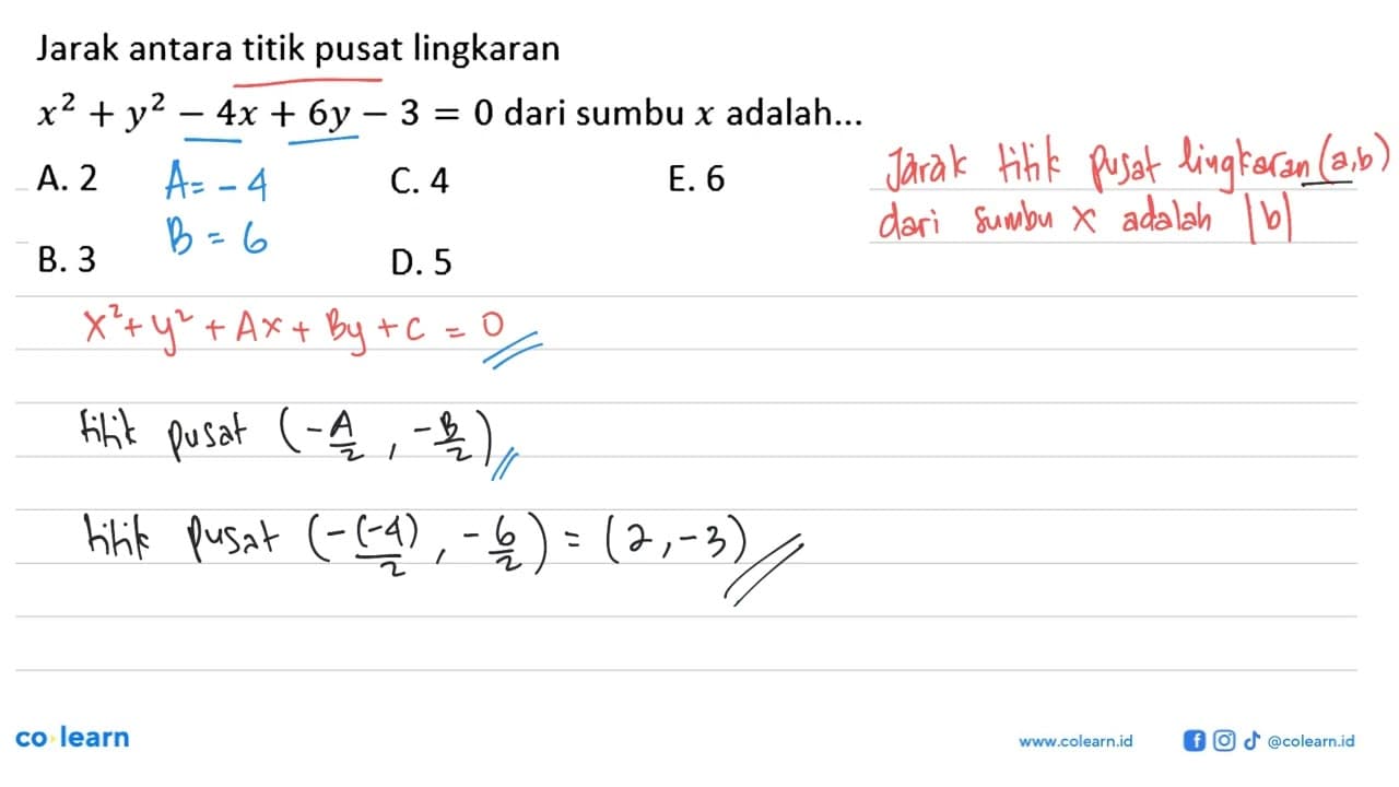 Jarak antara titik pusat lingkaran x^2+y^2-4x+6y-3=0 dari