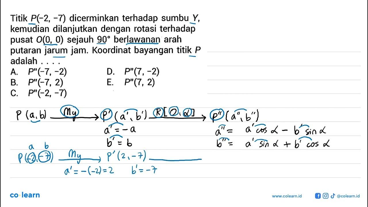 Titik P(-2,-7) dicerminkan terhadap sumbu Y, kemudian