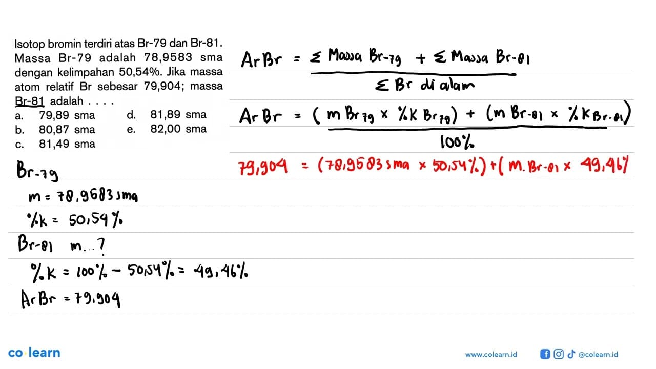 Isotop bromin terdiri atas Br-79 dan Br-81. Massa Br-79
