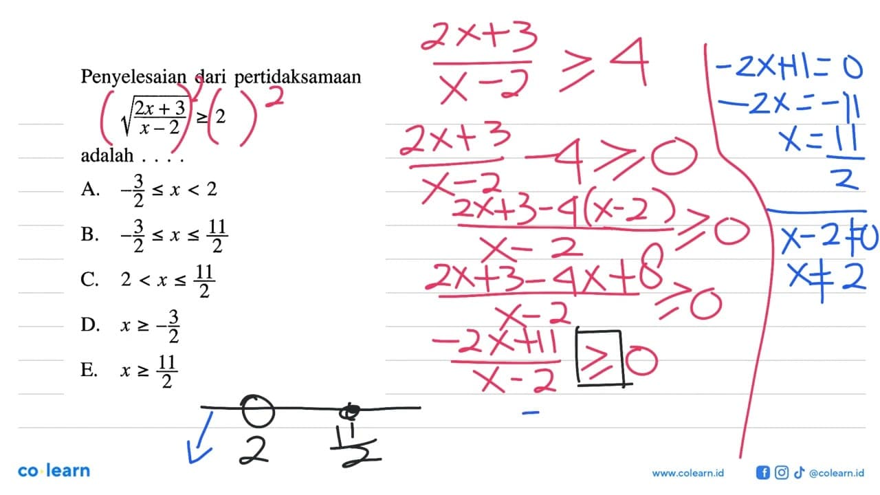 Penyelesaian dari pertidaksamaanakar(2x+3/x-2) >= 2adalah