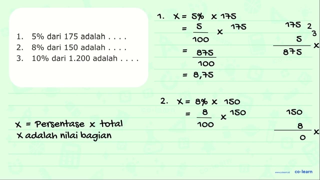 1. 5% dari 175 adalah .... 2. 8% dari 150 adalah .... 3.