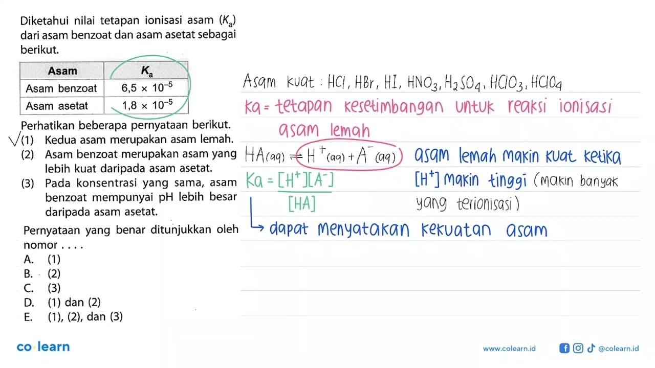 Diketahui nilai tetapan ionisasi asam (Ka) dari asam