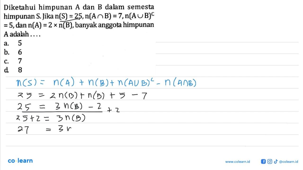 Diketahui himpunan A dan B dalam semesta himpunan S. Jika