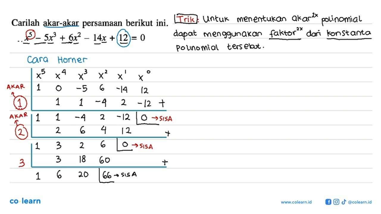 Carilah akar-akar persamaan berikut ini.