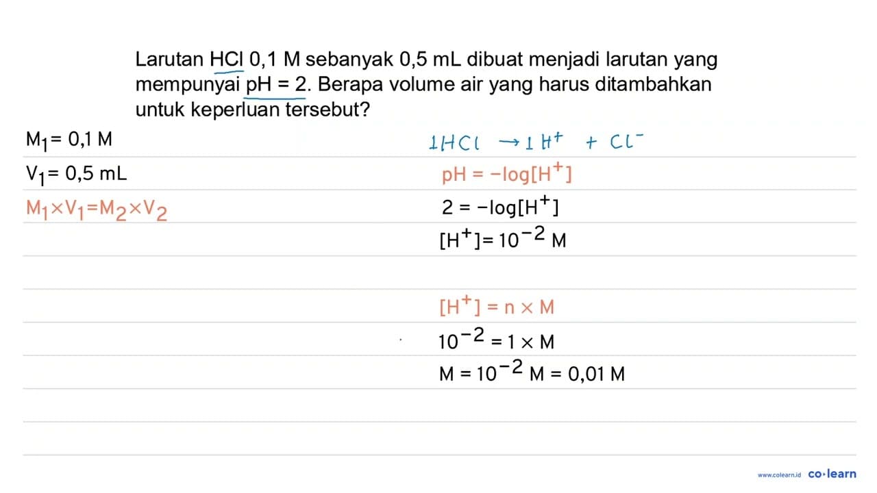 Larutan HCl 0,1 M sebanyak 0,5 mL dibuat menjadi larutan