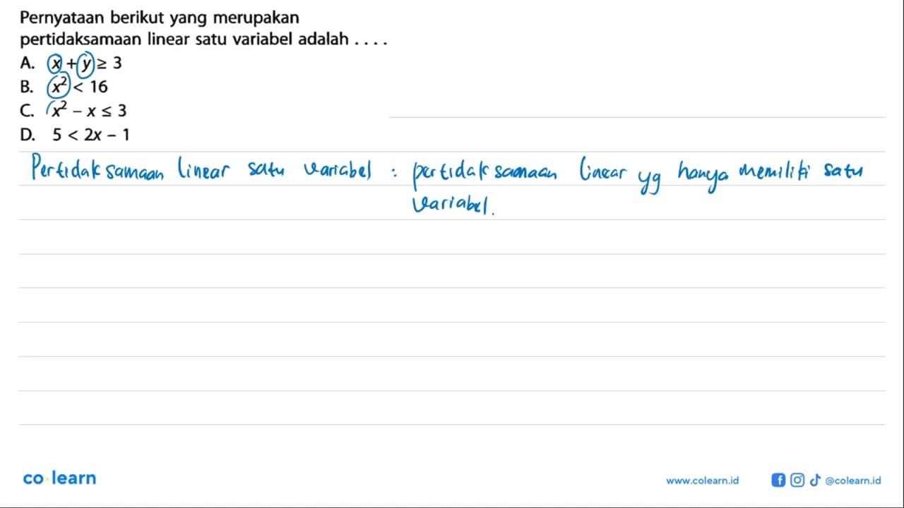 Pernyataan berikut yang merupakan pertidaksamaan linear