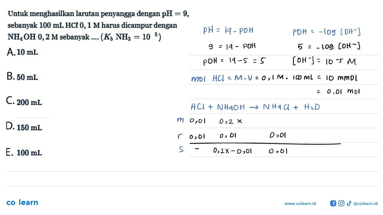 Untuk menghasilkan larutan penyangga dengan pH=9 , sebanyak