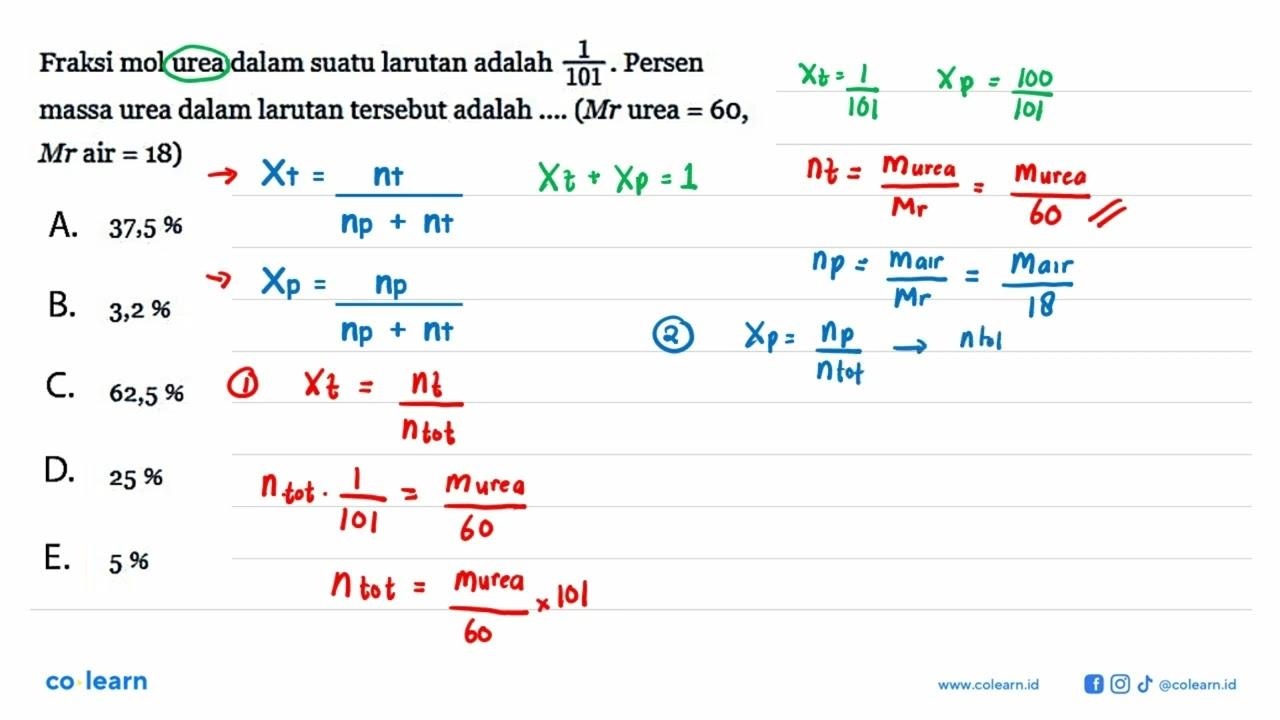 Fraksi mol urea dalam suatu larutan adalah 1/101 . Persen