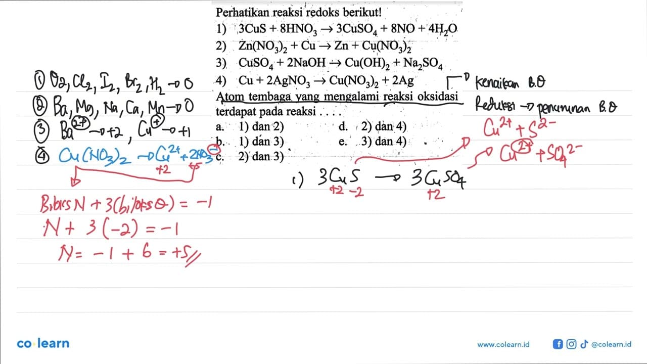 Perhatikan reaksi redoks berikut!1) 3CuS+8HNO3 ->