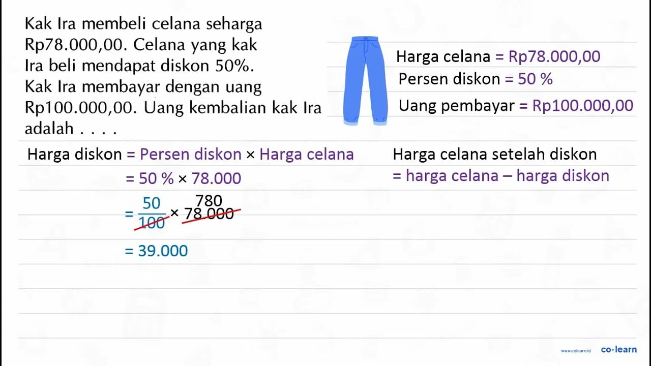 Kak Ira membeli celana seharga Rp78.000,00. Celana yang kak