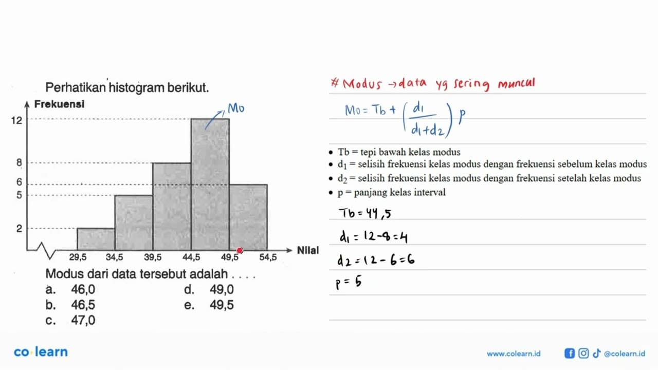 Perhatikan histogram berikut. Frekuensi 12 8 6 5 2 Nllal