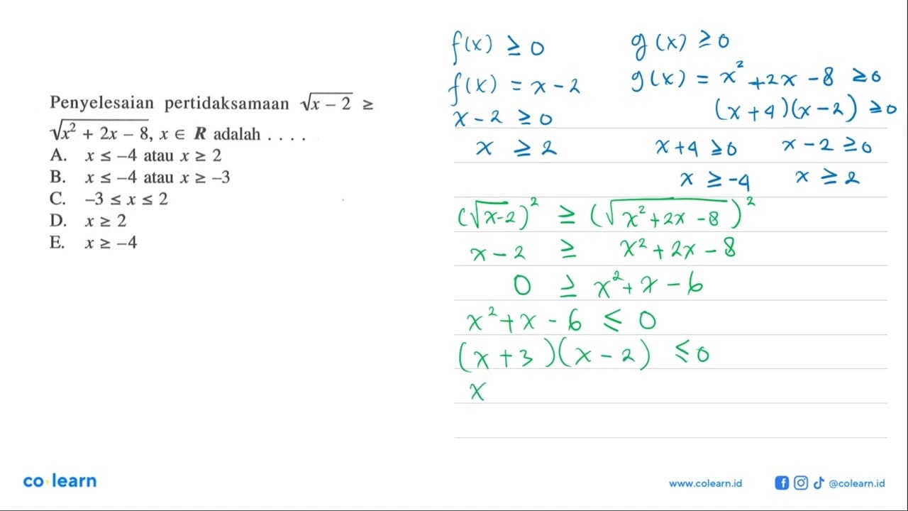 Penyelesaian pertidaksamaan akar(x-2)>=akar(x^2+2x-8), xeR