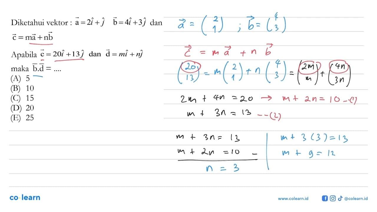 Diketahui vektor: a=2i+j, b=4i+3j dan c=ma+nb Apabila