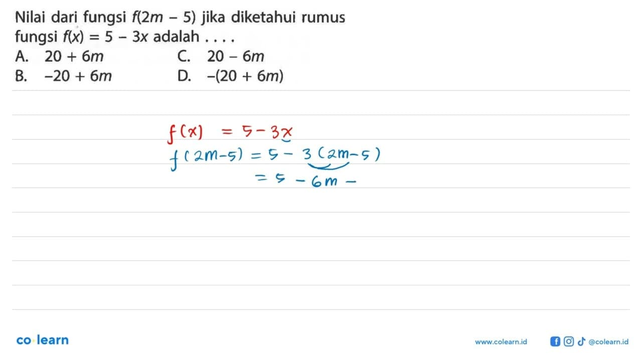 Nilai dari fungsi f(2m - 5) jika diketahui rumus fungsi