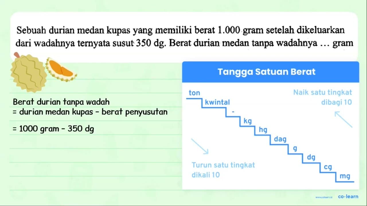 Sebuah durian medan kupas yang memiliki berat 1.000 gram