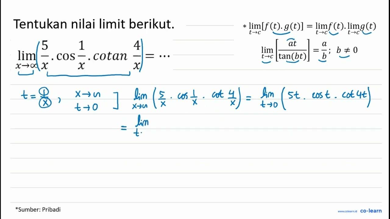 lim _(x -> tak hingga) (5)/(x) . cos (1)/(x) . cotan