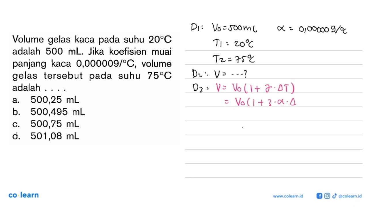 Volume gelas kaca pada suhu 20 C adalah 500 mL. Jika